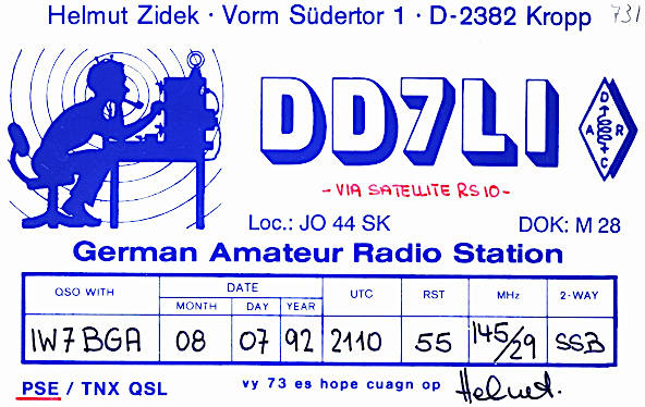 Alcune QSL di conferma di QSO via RS-10: DD7LI Alcune QSL di conferma di QSO via RS-10: DD7LI