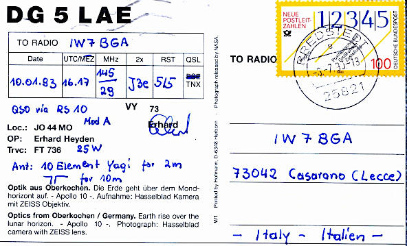 Alcune QSL di conferma di QSO via RS-10: DG5LAE Alcune QSL di conferma di QSO via RS-10: DG5LAE