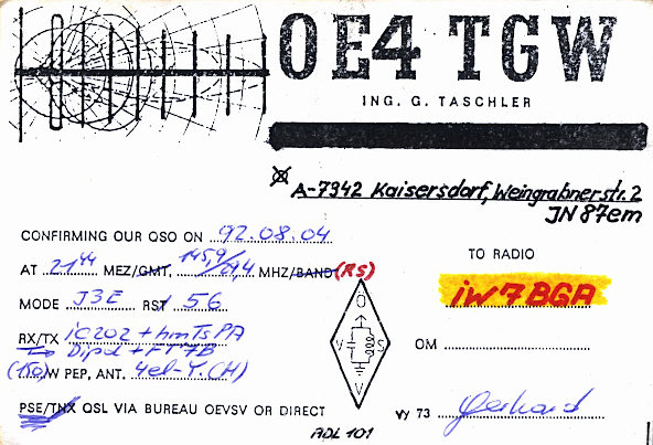 Alcune QSL di conferma di QSO via RS-10: OE4TGW Alcune QSL di conferma di QSO via RS-10: OE4TGW