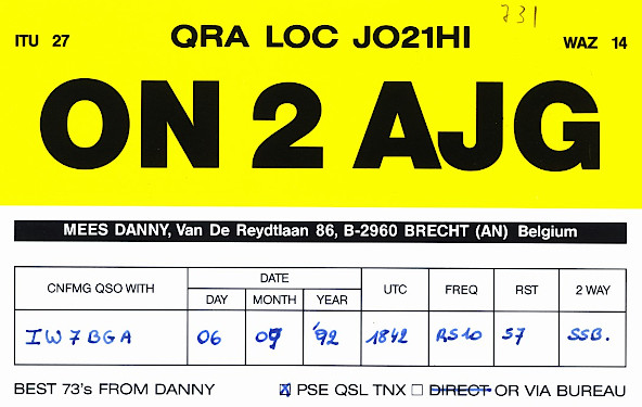 Alcune QSL di conferma di QSO via RS-10: ON2AJG Alcune QSL di conferma di QSO via RS-10: ON2AJG