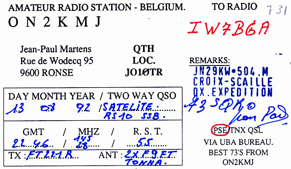 Alcune QSL di conferma di QSO via RS-10: ON2KMJ Alcune QSL di conferma di QSO via RS-10: ON2KMJ