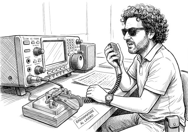 Un radioamatore mentre trasmette al microfono con accanto il tasto paddle di fronte ad una moderna radio HF
