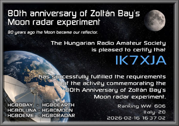 Il Diploma Zoltab Bay Experimenti di IK7XJA