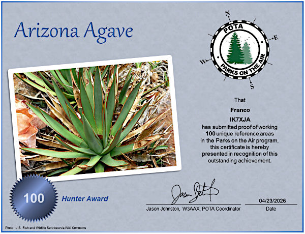 Il diploma POTA di IK7XJA per 100 QSO fatti: Arizona Agave