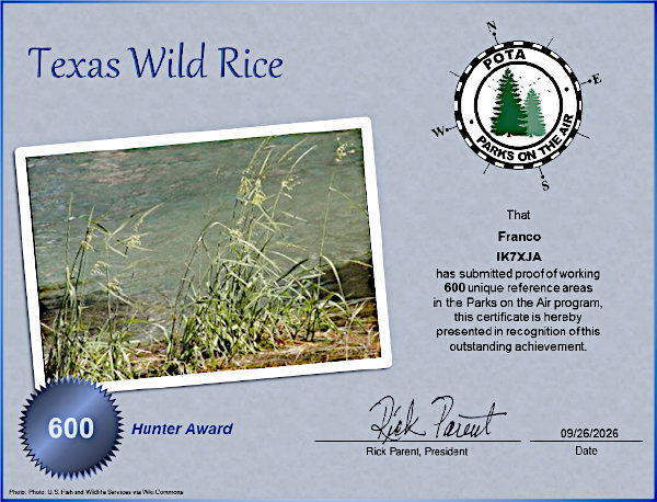 Il diploma POTA di IK7XJA per 600 QSO fatti: Texas Wild Rice