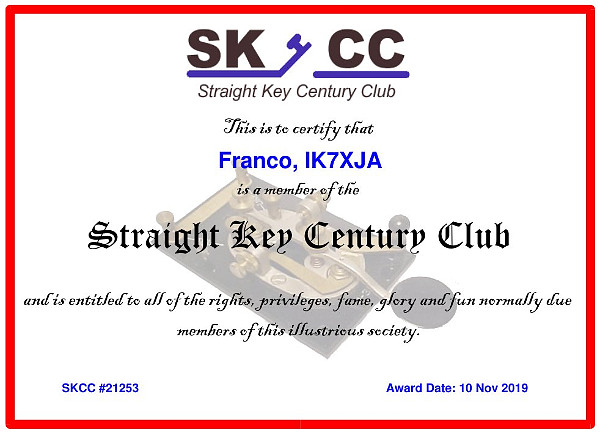 Il certificato di associazione ad SKCC