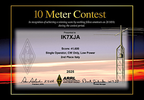 Attestato che certifica il secondo posto di IK7XJA in ARRL 10meters contest