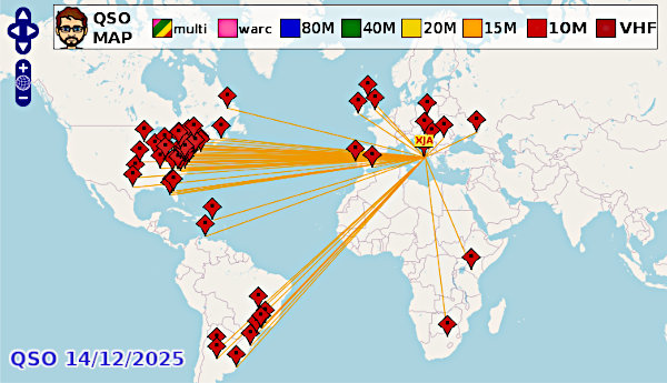 Contest ARRL-10 meters: mappa QSO del 14/12/2025