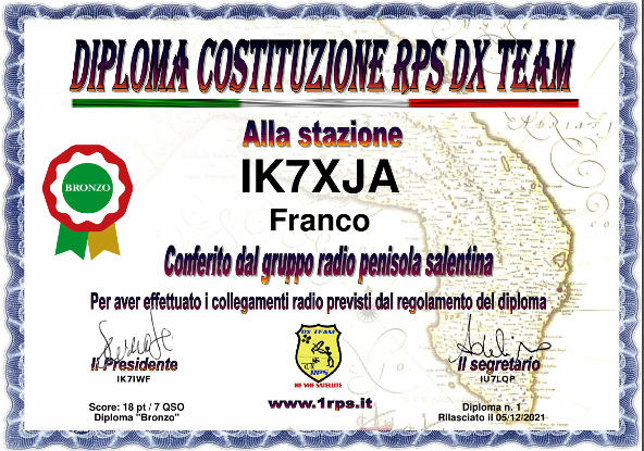 Diploma Radio Penisola Salentina RPS DX TEAM - Bronzo