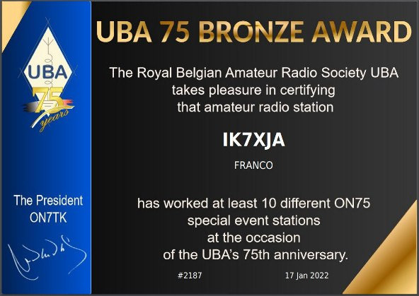 Award UBA 75 - Diploma 75.mo fondazione Unione Belga Radioamatori