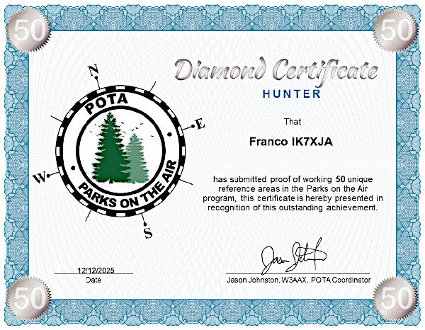 Il mio diploma POTA Diamond per 50 QSO fatti