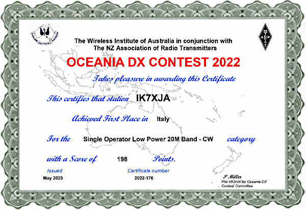Attestato primo classificato Italia Oceania DX Contest 2022