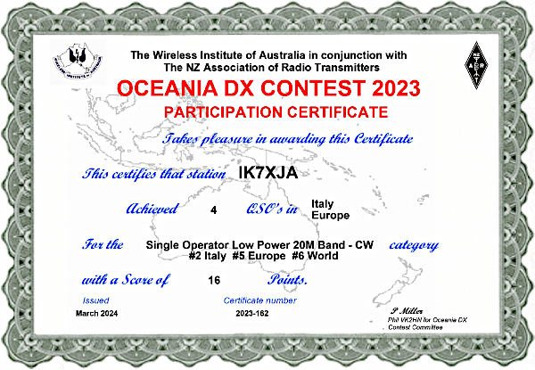 Attestato partecipazione Oceania DX Contest 2023