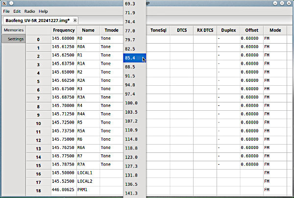 La lista delle frequenze salvate nel Baofeng UV-5R plus