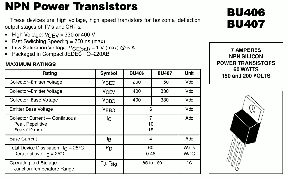 Il datasheet del transistor BU406 usato nella modifica/riparazione