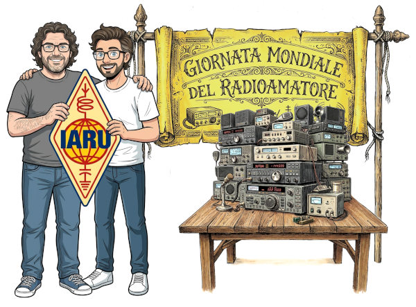 18 aprile, la Giornata mondiale dei radioamatori. Due radioamatori sostengono il logo IARU tra radio e festa